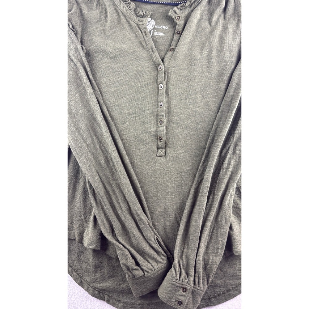 Pilcro Anthropologie Olive Green Ruffle Henley Slub Knit Long Sleeve Top Small